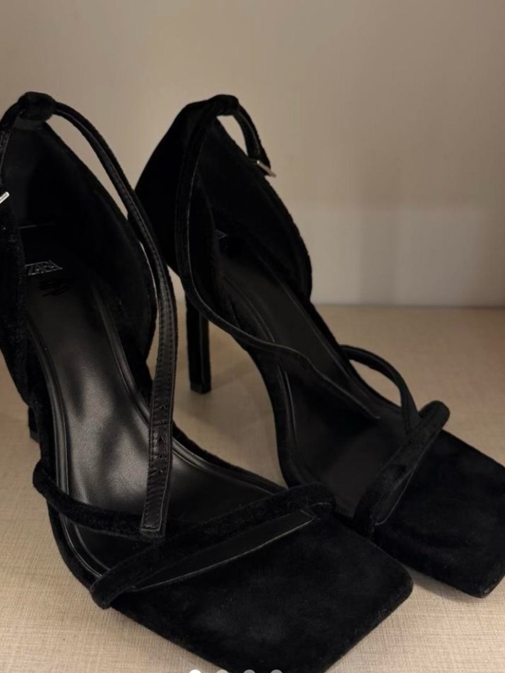 Zara Black Suede Strappy Square-Toe Pumps